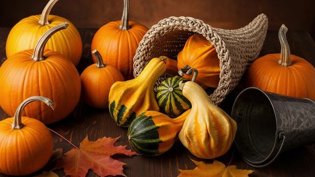 Thanksgiving cornucopia with pumpkins and gourds. Autumn harvest still life on a rustic wooden background with fall leaves.