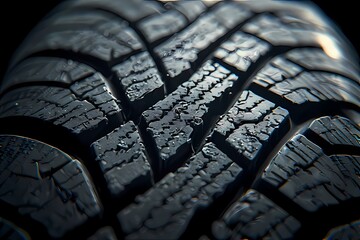 Close-up of a car tire tread pattern, showing the grooves and texture.