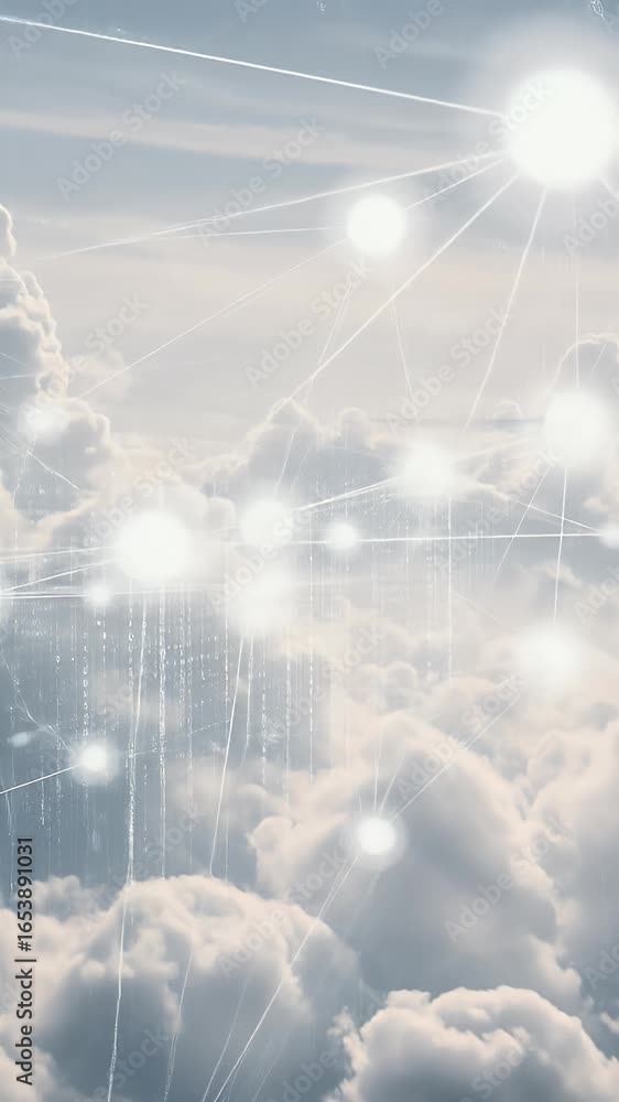 Poster abstract digital network in sky of clouds with glowing particles