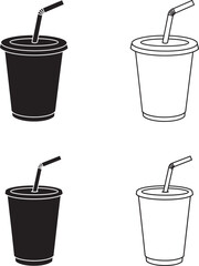 Four Disposable Cups with Straws in Line art and silhouette