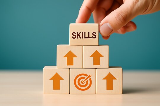 Individual Skill Development Concept, Worker Upskilling with Digital Competency Icons