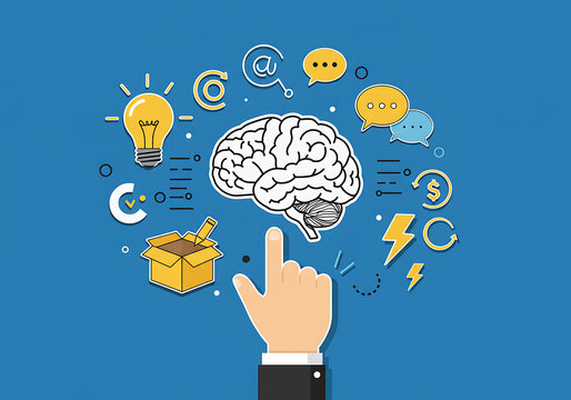 Hand pointing at a brain surrounded by icons representing ideas, communication, and creativity on a blue background.