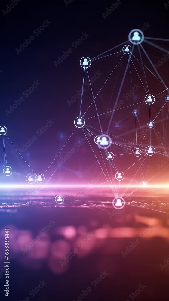 Poster abstract digital network with connected people icons glowing particles bokeh