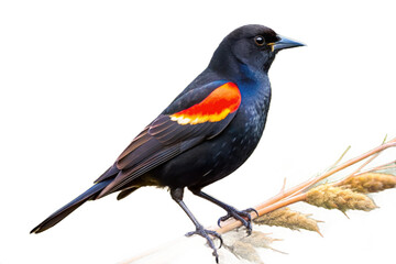 Obraz premium Male red winged blackbird perched on a branch against a dark background