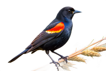 Male red winged blackbird perched on a branch against a dark background