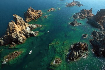 Aerial view of a rocky coastline with turquoise water.  Small boat visible