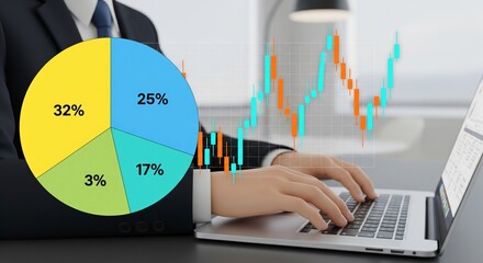 Businessman typing on laptop with colorful pie chart and candlestick chart overlay, financial data analytics concept, high-resolution stock photo