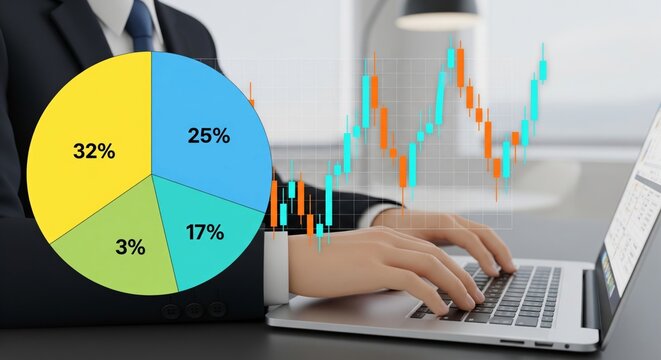 Businessman typing on laptop with colorful pie chart and candlestick chart overlay, financial data analytics concept, high-resolution stock photo