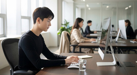 A focused Asian programmer works on his computer in a modern, open-plan office. This image represents technology, software development, corporate culture, and professional work.