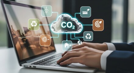 CO2 Emissions Concept with Green CO2 Cloud and Sustainability Icons over Laptop