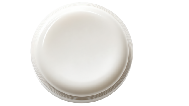 A round off-white plastic lid with a smooth glossy surface and a textured ribbed edge.