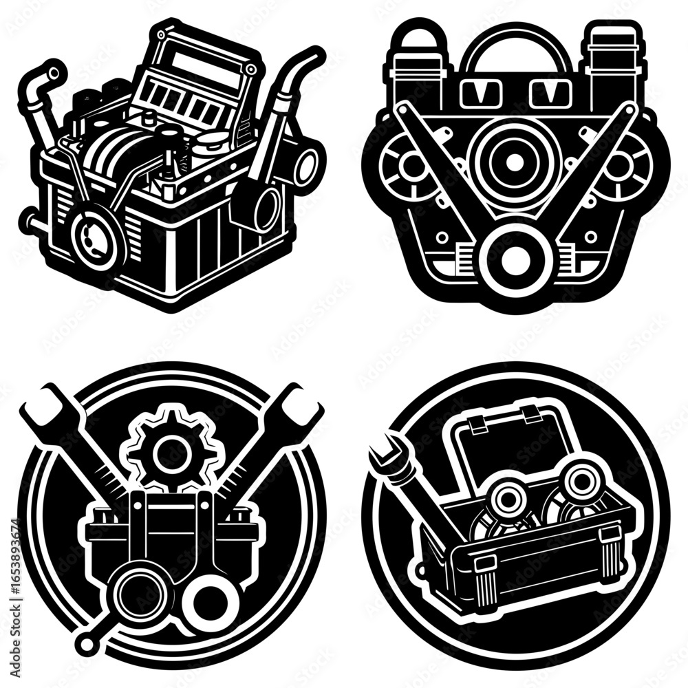 Aufkleber four monochrome mechanic icons featuring engines and toolboxes with a bold outlined design style