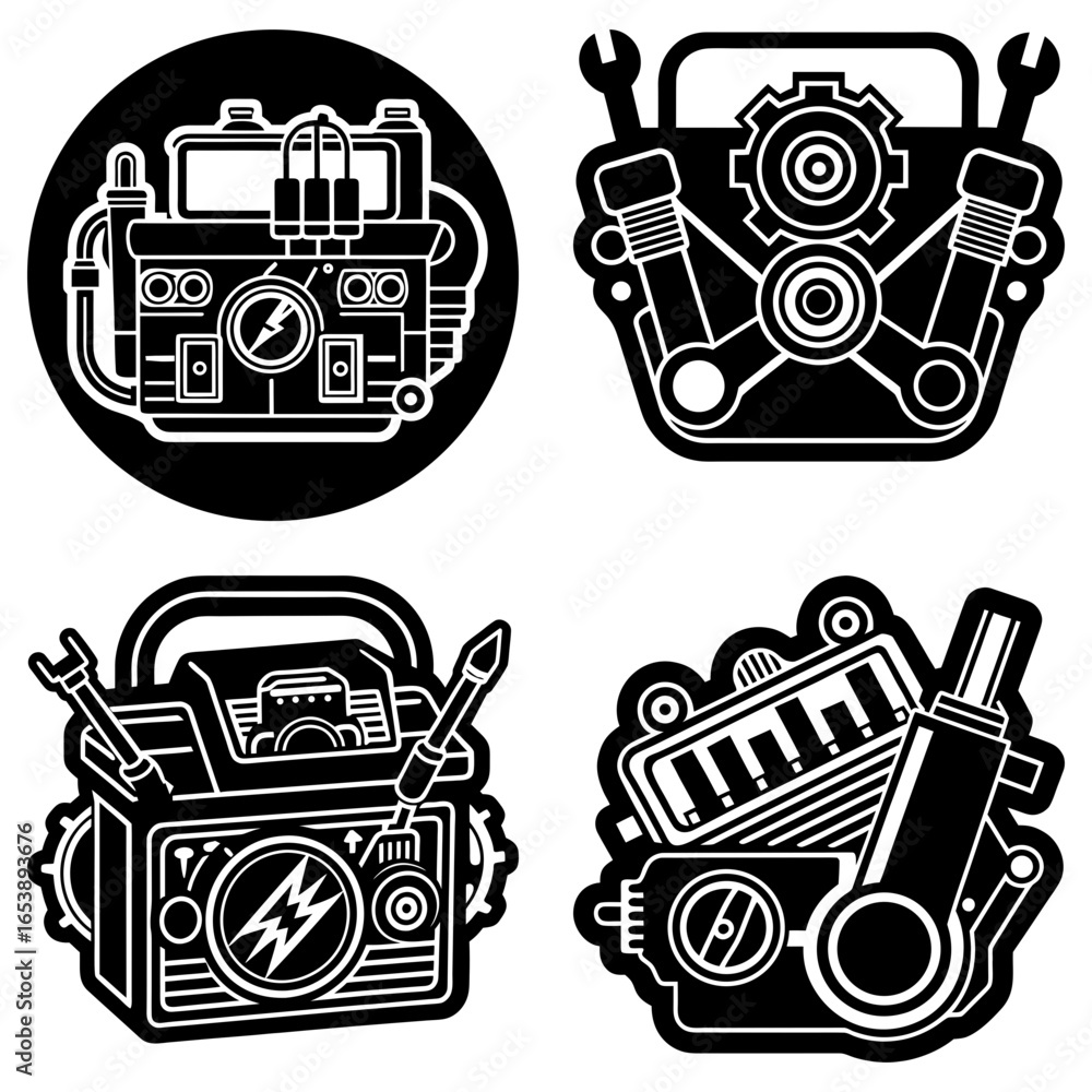 Poster illustration of four mechanical devices with various components in black and white color scheme desi