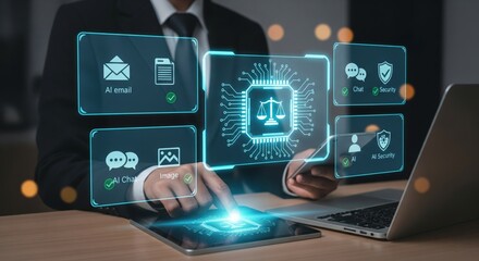 Futuristic AI Legal Technology Interface with Holographic Icons and Charts in Business Office