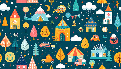 Colorful Pixelated Illustration Depicting Houses Cars Trees And Clouds Against Dark Blue Background