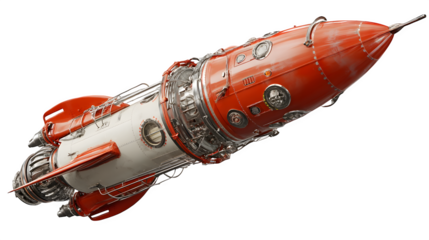 Retro rocket design from 1950s concept art rendered photorealistic, isolated on transparent background