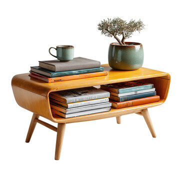 Mid-century coffee table with magazine stack - isolated white background 