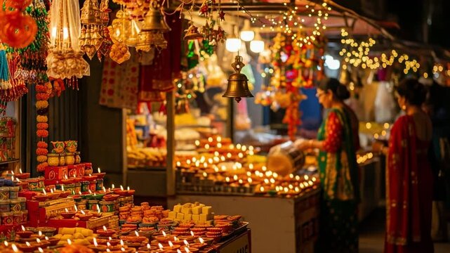 Indian market stall at night with lit diya oil lamps. Women in traditional saris shopping for decorations and sweets during a festive celebration.