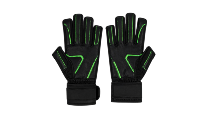 Pair of goalkeeper gloves, modern design, palm and back view, isolated on transparent background, sports accessories PNG.