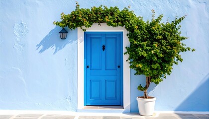 Bright Blue Door Framed by Green Vines on Blue Wall.