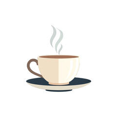 Fototapeta premium Pixel Art of Steaming Hot Coffee Cup on Saucer in Beige Tones Against White Background