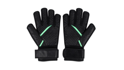 Pair of goalkeeper gloves, modern design, palm and back view, isolated on transparent background, sports accessories.