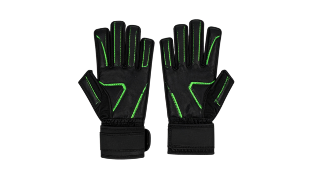 Pair of goalkeeper gloves, modern design, palm and back view, isolated on transparent background, sports accessories PNG. - Powered by Adobe