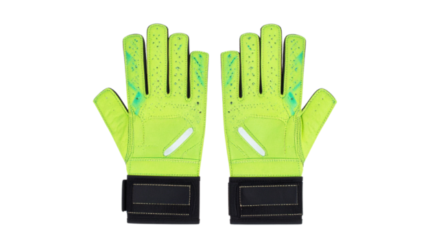 Pair of goalkeeper gloves, modern design, palm and back view, isolated on transparent background, sports accessories