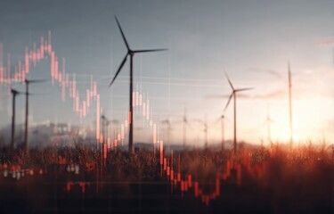 Wind turbines overlaid with stock market charts, sunset