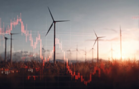 Wind turbines overlaid with stock market charts, sunset