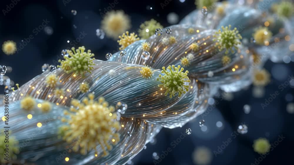 Poster digital representation of network cable intertwined with glowing particles, showcasing vibrant inter