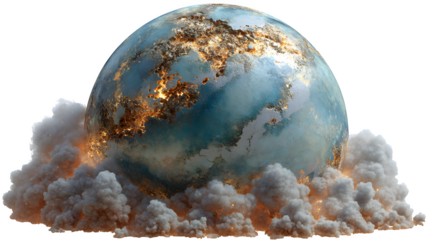 Rocky exoplanet in early formation stage, dust clouds and molten surface, isolated on transparent background