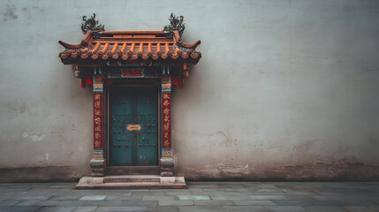 Mystic entrance of an aged Buddhist temple with intricate roof details and vibrant blue door set against a textured cream wall ideal for travel photography backdrops or religious