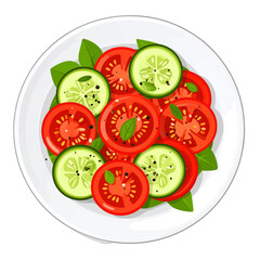 Bright Salad with Sliced Tomatoes Cucumbers and Basil Leaves on White Plate Food Art Still Life Top View Image
