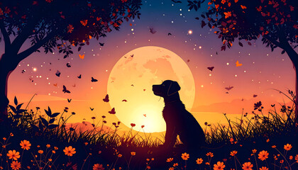 Dog Silhouette Sitting Peacefully Before a Large Glowing Moon During Sunset with Orange Sky in a Pixel Art Landscape