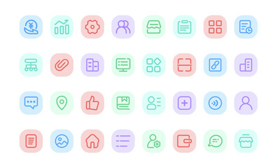 A colorful and simple set of line art icons related to business and management, featuring symbols for data analysis, settings, documents, and communication.