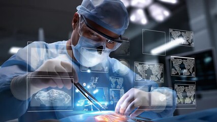 Surgeon performing operation with digital overlays in surgical zone - Powered by Adobe