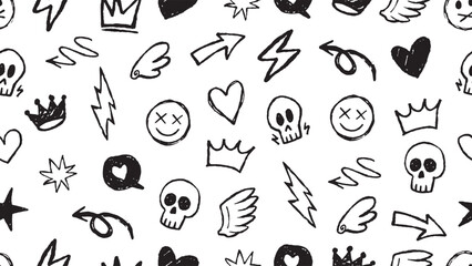 Hand Drawn Grunge Punk Doodle Seamless Pattern. Perfect for streetwear, grunge backgrounds, textiles, wallpaper, and digital art.