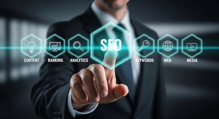 SEO Dashboard Hexagon Interface — Neon for Content, Analytics & Ranking — Business