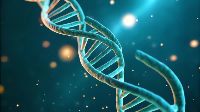 A close up view of a DNA  strand with a blue background and bokeh effect particles around it png, transparent background, abstract DNA background, 4k Vedio, 