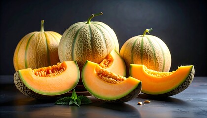 Fresh cantaloupe slices and whole fruits