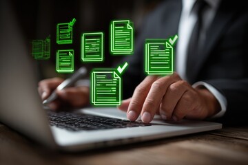 Close-up of person working on laptop, document icons floating above