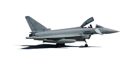 eurofighter typhoon military jet fighter with shadow on the ground isolated on transparent background