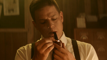 Businessman lighting pipe in retro office setting