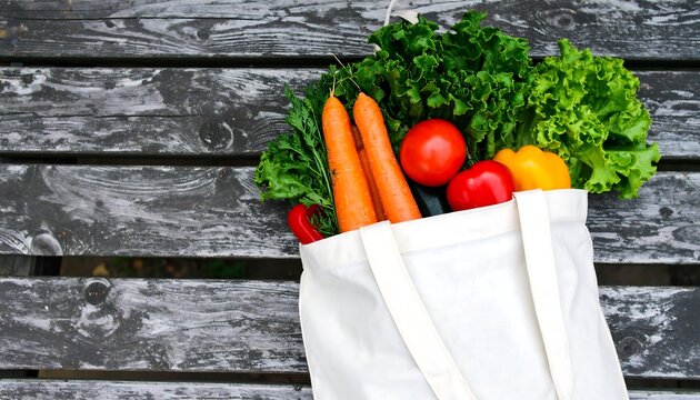 Fresh produce in a reusable tote bag on a weathered wooden surface