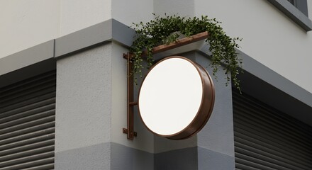 Blank round illuminated sign mounted on a building corner with greenery overhead