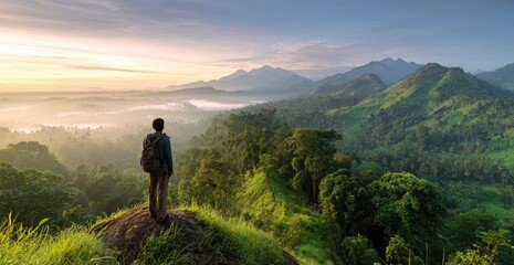 Naklejka premium Person on hilltop, vast valley, sunrise