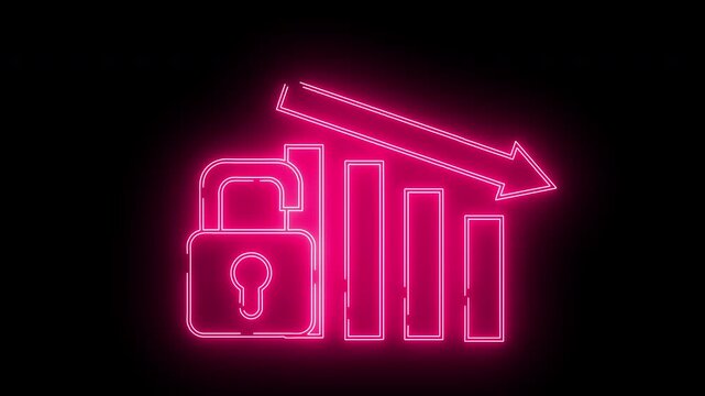 a down graph icon and an open padlock icon with a neon effect