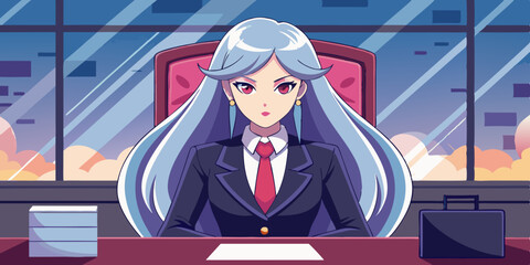 Anime style female CEO character illustration sitting confidently at luxurious executive office desk, modern businesswoman design for corporate branding and presentations