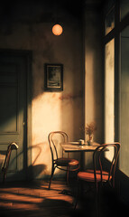 Romantic cafe corner with sunlight illuminating an intimate table setting creating a moody ambience and showcasing classic bistro chairs in a vintage style restaurant design